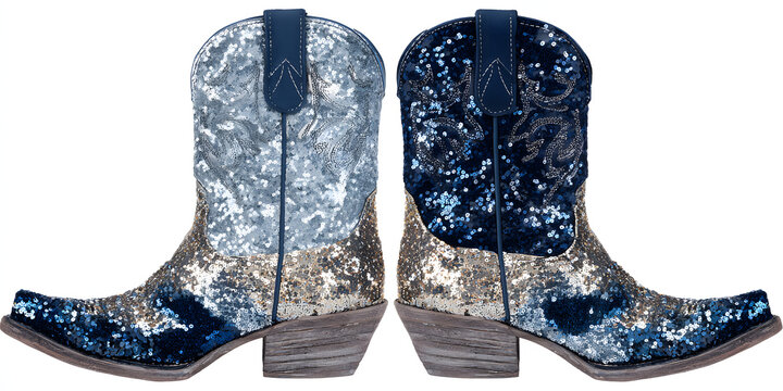 Sparkly cowboy boot in navy and dusty blue tones, adorned with shimmering gold sequins, no background.