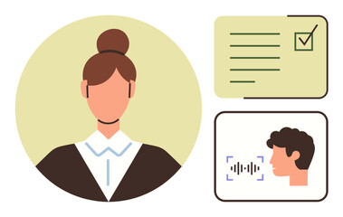 Woman with tied hair in formal attire, checklist with ticked box, man with voice recognition symbol. Ideal for communication, organization, professionalism, task management, technology, digital