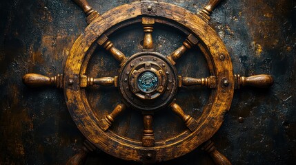 Aged Wooden Ship's Wheel on Dark Metal Surface