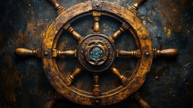 Aged Wooden Ship's Wheel on Dark Metal Surface