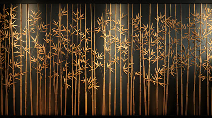 Minimalist black and gold artwork featuring silhouetted bamboo canes in a sleek lacquer screen design.