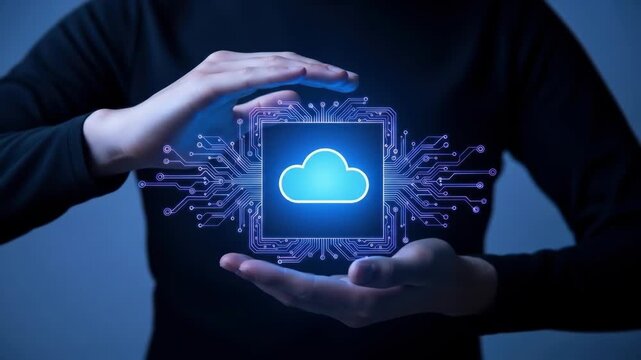 Person's hands gently cradle glowing cloud icon surrounded by circuitry