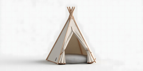 Modern pet teepee for cats or dogs with beige fabric, wooden frame, and plush interior bed, designed in a simple, elegant, and neutral style, isolated on plain background.