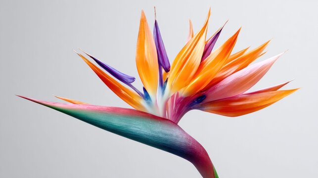 Vibrant bird of paradise flower with colorful petals against a soft gray background