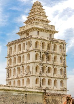 Gingee, Tamil Nadu, India - October 9, 2013: Gingee Fort. Harem Towere closeup under blue cloudscape