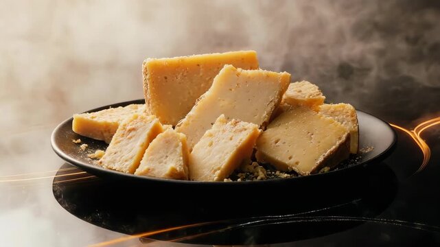 A plate of delicious cheese chunks with details on a black backdrop 