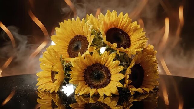 Vivid sunflowers in an arrangement with light and mist around