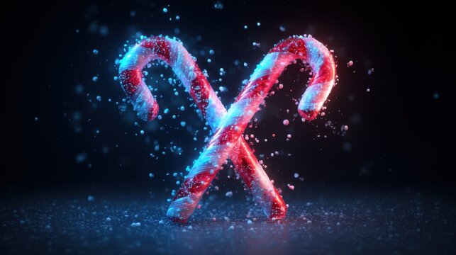 Glowing neon candy canes crossed with snow festive Christmas background