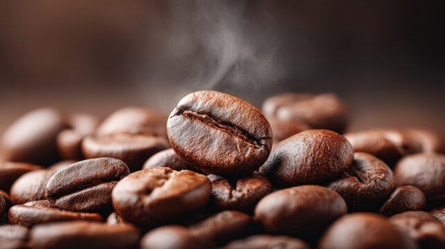 Close-up of roasted coffee beans with steam, perfect for a warm beverage