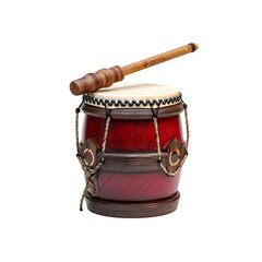 Traditional red drum with a wooden stick isolated on transparent background
