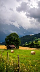 Obraz premium A lush green field with round hay bales and stormy clouds over a wooden farm building