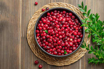 Fresh cranberries in a dark bowl on a wooden background with green branch.