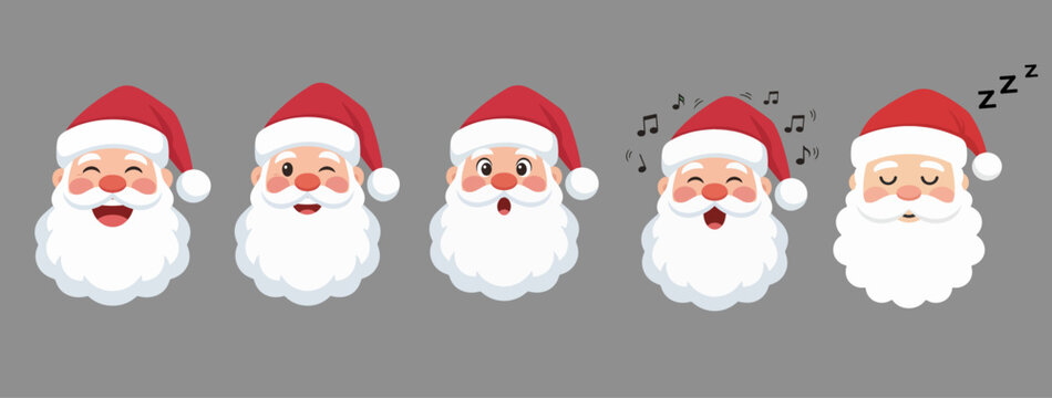 Santa Claus face expressions set isolated on transparent background, or digital creators, product designers, or illustrators who want a joyful Christmas touch in their projects.