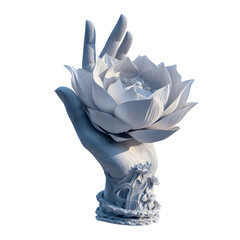Hand holding a lotus flower statue isolated on transparent background, a symbol of peace