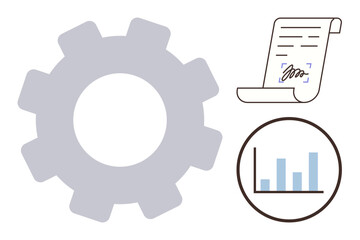 Obraz premium Gear symbolizing service, signed document, and growth chart highlight core ideas of strategy, accountability, and performance. Ideal for planning, management, legal, growth teamwork goals simple