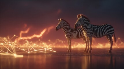 Graceful stripes in the heart of a botswana thunderstorm. Global network. Twin zebras in the heart of africa's wild with stormy blue sky. Data network. Technological mesh.