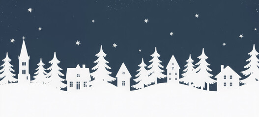 Winter village landscape with snow-covered houses and trees vector illustration for Christmas and New Year designs isolated on dark blue background