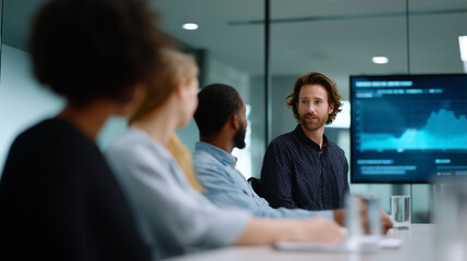 Business meeting in a modern glass-walled conference room, diverse team of professionals sitting around a table while a presenter stands and points at a large digital screen showin