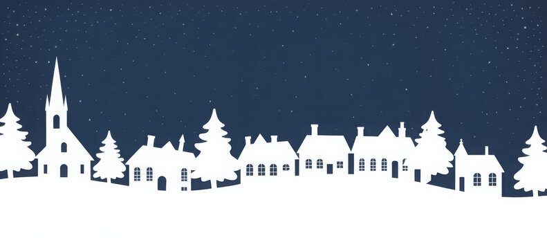Winter village paper cut illustration white silhouette of houses church and trees on a blue starry background for Christmas and New Year designs