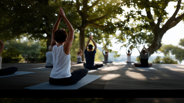 Group of diverse people of different ages practicing yoga outdoors on wooden platform under large trees, sunlight filtering through leaves, serene natural setting, mixed men and wo