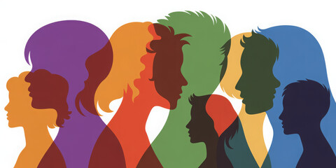 Diverse group of people colorful overlapping silhouettes vector illustration for social inclusion and community concepts