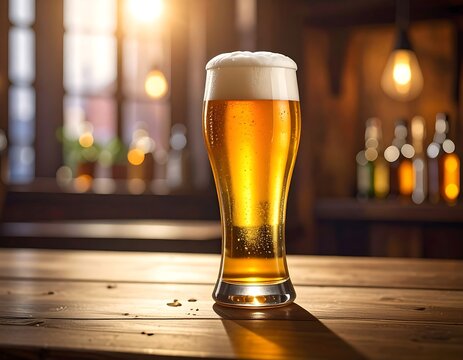 A pint of golden beer with foamy head stands on a wooden table in a bar setting - Powered by Adobe
