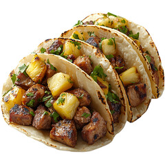 Close up of three al pastor tacos with pineapple and cilantro garnish on transparent background