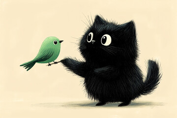 Fototapeta premium Adorable illustration of a fluffy black cat gently holding a small green bird. Concept of friendship, kindness, trust and tenderness. Perfect for children content.