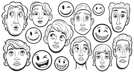 Cartoon faces with different expressions including surprise confusion and winking emojis