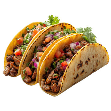 Three tacos filled with meat and vegetables in a yellow corn tortilla on transparent background