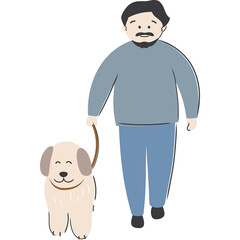 Man with A Dog on a Leash Walking Outdoors with a Gray Sweater and Blue Pants