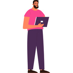 Man With Beard Wearing Pink T Shirt And Purple Pants Holding A Laptop Computer