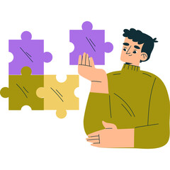 Man with Brown Hair in a Green Turtleneck Sweater Holding Purple and Yellow Puzzle Pieces Together with a Transparent Background