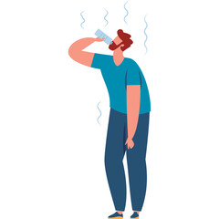 Man with Brown Hair Wearing Blue T Shirt and Blue Jeans Drinks Water in Transparent Background