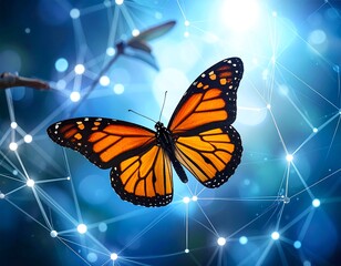 Fototapeta premium A monarch butterfly rests on a branch against a digital blue constellation background
