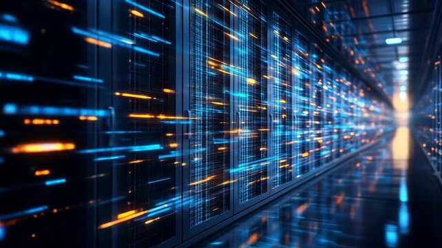 Server room with glowing blue and orange data streams