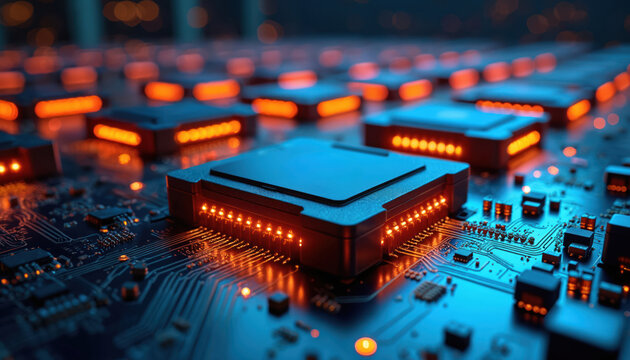 Rows of glowing computer chips on a circuit board. Blue and orange lights illuminate the complex digital hardware. Future tech, advanced data processing and AI.