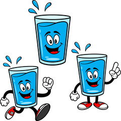 Water Glass Mascot Set 03, Hand Drawn illustrations of Water Glass Mascots in various poses.