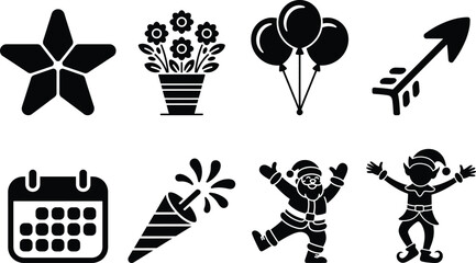 Collection of festive and decorative icons: star, flowers, balloons, arrow, calendar, party popper, santa, elf