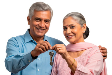 Elderly indian couple smiling and holding keys, representing home ownership and retirement, isolated on transparent background