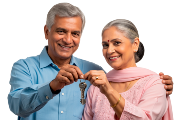 Elderly indian couple smiling and holding keys, representing home ownership and retirement, isolated on transparent background