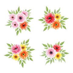 Four delicate watercolor floral arrangements with pink red orange yellow flowers and green leaves isolated on transparent background