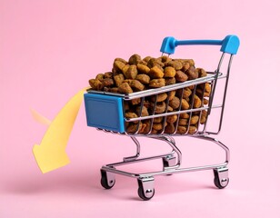 A miniature shopping cart filled with dry pet food, with an arrow pointing down