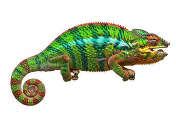 Obraz premium Vibrant Veiled Chameleon with intricate green, red, orange, yellow, blue scales, mouth open, tail curled, on green branch against white studio background, ultra realistic, concept for biological