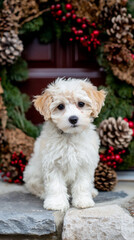 Maltipoo sitting near wreath decorated with pinecones and red berries.