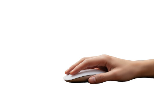 Neutral hand operating sleek mouse on polished wooden desk. Blurred keyboard/monitor, white studio background, UHD photography concept of digital productivity