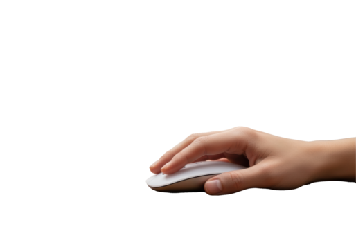 Neutral hand operating sleek mouse on polished wooden desk. Blurred keyboard/monitor, white studio background, UHD photography concept of digital productivity