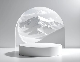 A minimal white platform stands before a snowy mountain scene framed by an archway