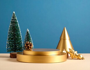 A minimal festive stage features gold platform, stylized trees, pinecone against blue background