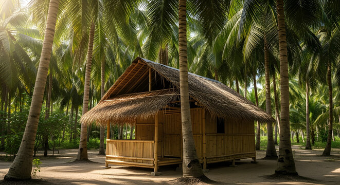 A rustic wooden hut with a thatched roof nestled amongst tall palm trees in a tropical forest. - Powered by Adobe